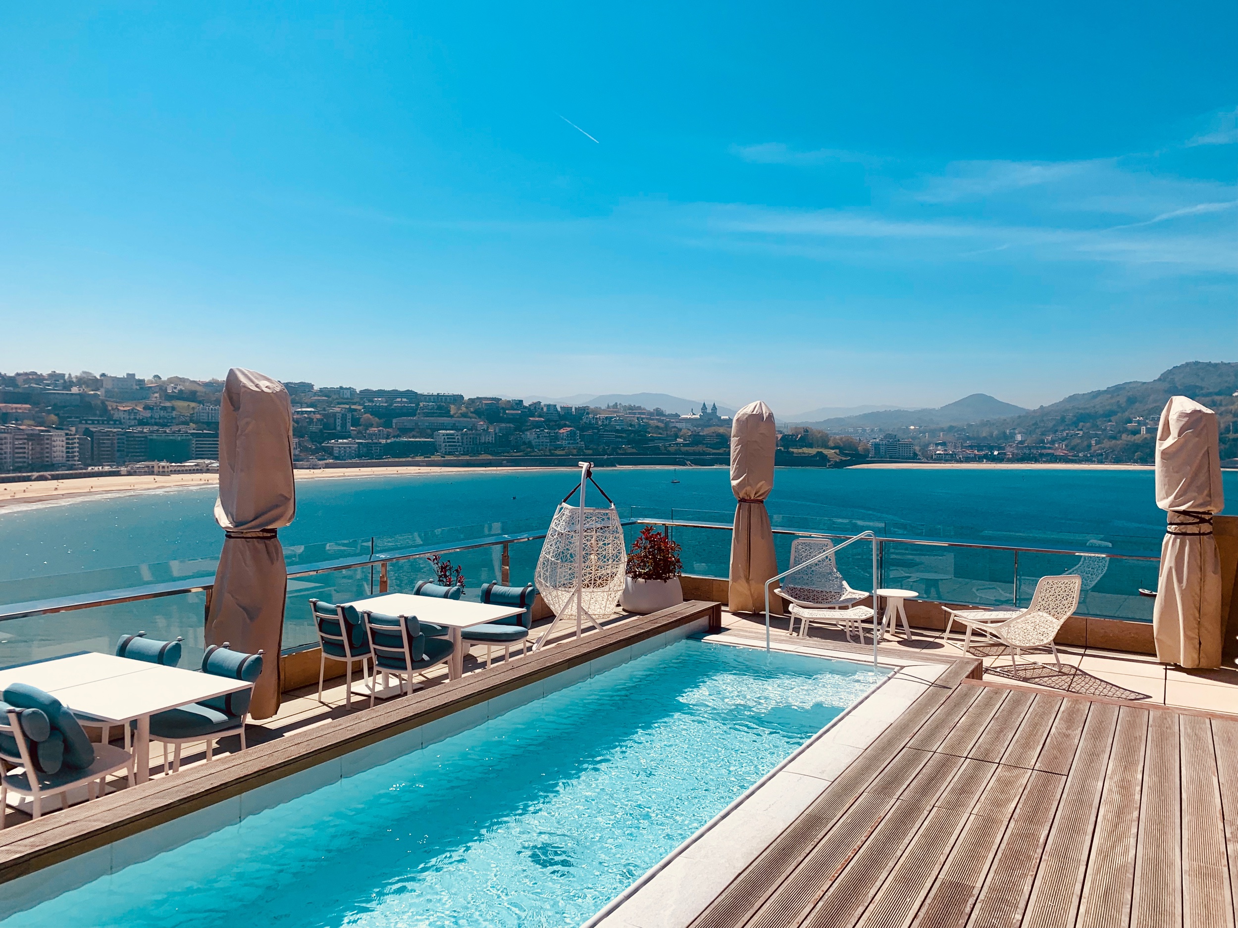 The hotel has a rooftop pool and beautiful views.