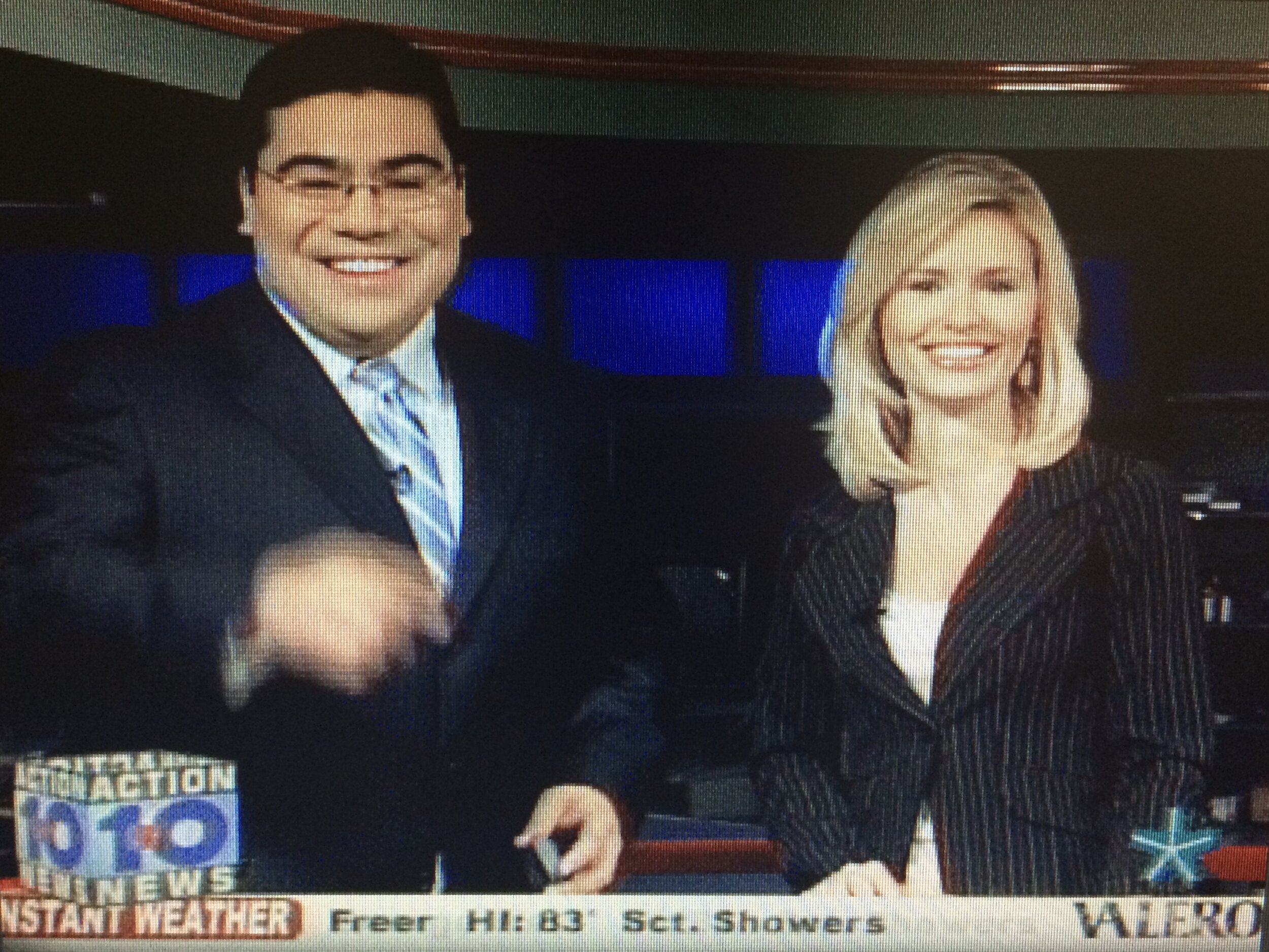 My first job after college was at KZTV in Corpus Christi, TX. Here I am anchoring with meteorologist Albert Ramon in 2007.